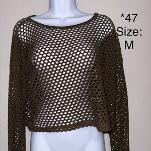 Womens Olive Brown Open-Knit Long Sleeve Sweater